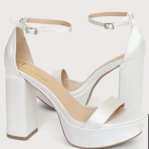 Lulus Arrabella Ivory Satin Platform Ankle Strap Heels
